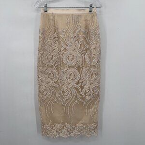 Women’s Terramina Collection  Cocktail Embroidered Lace Midi Skirt Beige Gold 8